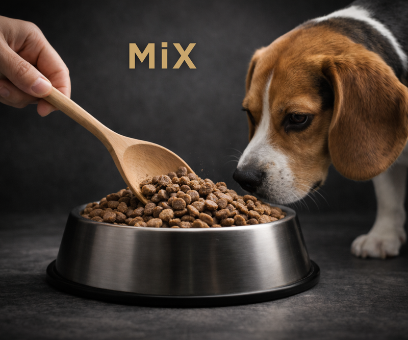 Mixing probiotic powder into dog food bowl